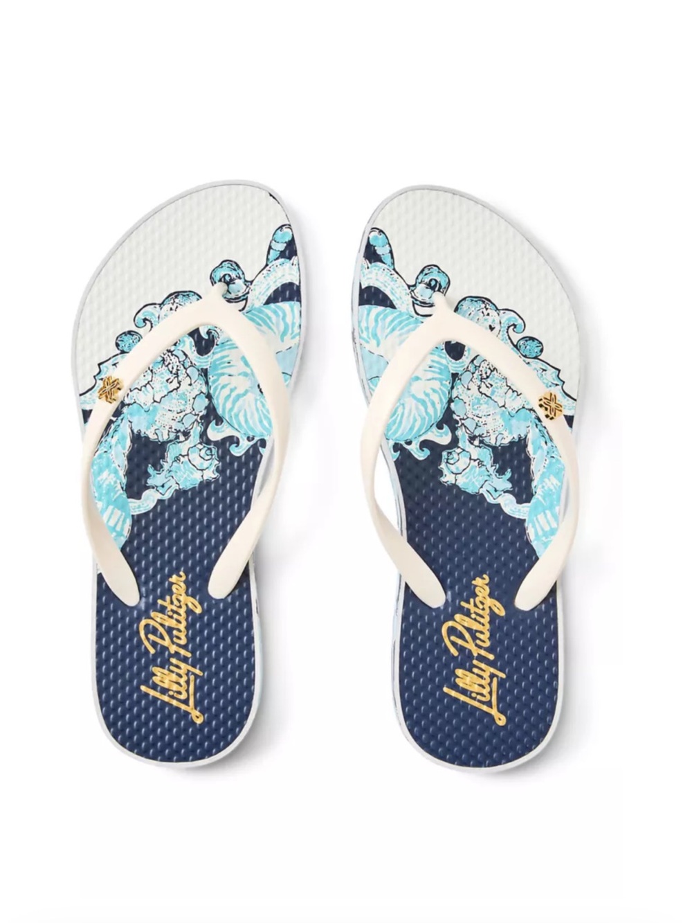 NIP Lilly Pulitzer Resort White Shell Shine Pool Flip Flops Size 7/8 Navy Blue